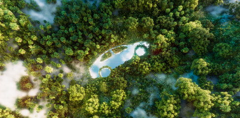 Aerial view of a dense, lush forest, interrupted by the unmistakable silhouette of a car-shaped river, symbolizing the environmental impact of transportation. - obrazy, fototapety, plakaty