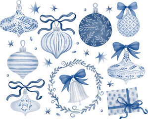 Blue Christmas ornaments, frame and present clipart