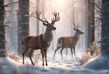 Naklejka na ściany i meble deer - Beautiful 3D illustration of deer in winter forest