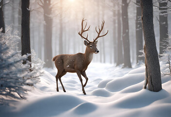 deer - Beautiful 3D illustration of deer in winter forest