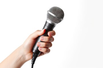 Capturing moment. Live concert. Karaoke night. Microphone on white background isolated. Speech and sound. Holding mic at conference