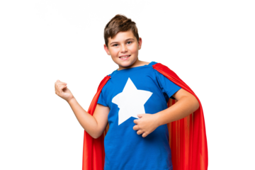 Super Hero caucasian kid over isolated chroma key background making guitar gesture