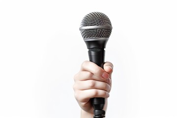 Capturing moment. Live concert. Karaoke night. Microphone on white background isolated. Speech and sound. Holding mic at conference