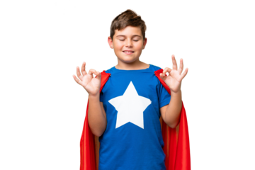Super Hero caucasian kid over isolated chroma key background in zen pose