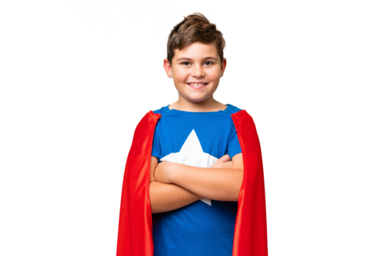 Super Hero caucasian kid over isolated chroma key background keeping the arms crossed in frontal position