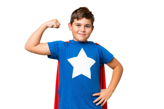Little caucasian kid over isolated chroma key background in superhero costume and doing strong gesture