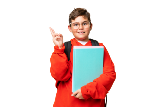 Little caucasian student kid over isolated chroma key background smiling and showing victory sign