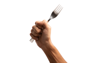 black male hand holding a silver fork no background cutout