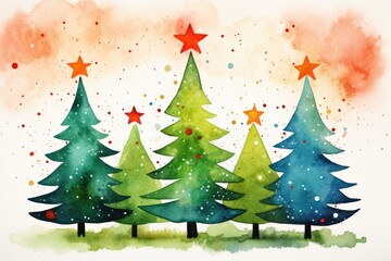 colorful christmas tree forest watercolor drawing