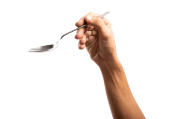black male hand holding a silver spoon on an isolated cutout