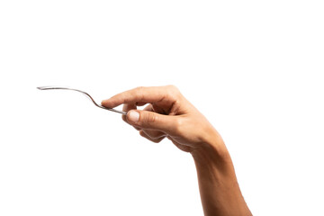 black male hand holding a silver fork on an isolated white background