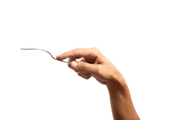 black male hand holding a silver fork on an isolated white background