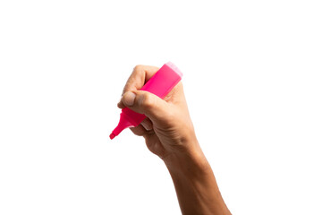 Black male hand holding a pink marker pen, Highlighter isolated no background cutout