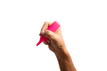Black male hand holding a pink marker pen, Highlighter isolated no background cutout