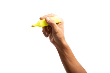 Black male hand holding a yellow marker pen, Highlighter isolated no background cutout