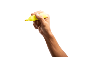 Black male hand holding a yellow marker pen, Highlighter isolated no background cutout
