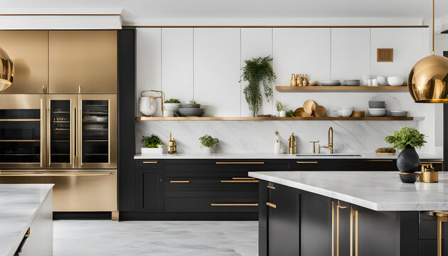 A contemporary, chic kitchen in Chicago featuring stylish black and white cabinets, golden fixtures, and marble tiles.
