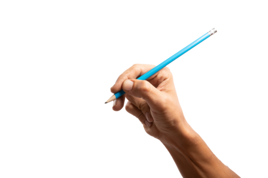 Black male hand holding pencil, isolated no background cutout