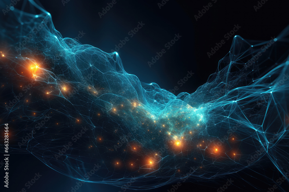 Poster abstract illustration of glowing network connection in space like environment
