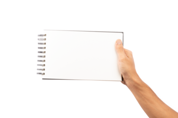 Black male hand holding a blank sketchbook or notebook isolated no background cutout