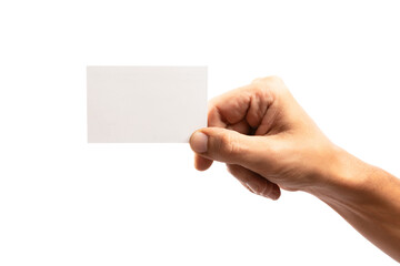 Obraz premium Black male hand holding a blank business card isolated no background cutout