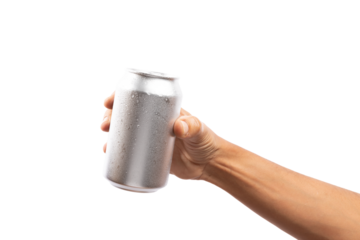 Black male hand holding aluminum can no background cutout