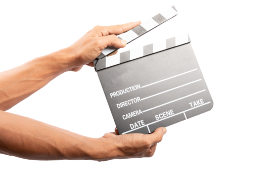 Black male hands holding film clapper isolated cutout - Powered by Adobe