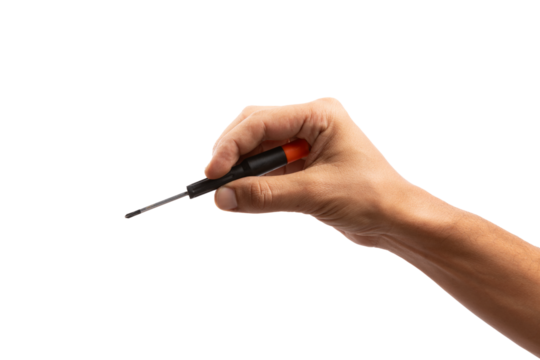 Black male hand holding a screwdriver for repair isolated on white background