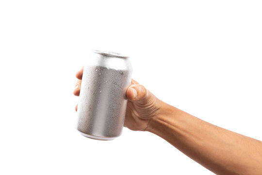 Black male hand holding aluminum can no background cutout