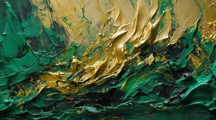 abstract oil painting on canvas, green and gold acrylic texture background, rough brushstrokes of...