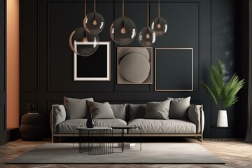 Modern living room with a transparent photo frame displaying a blank poster, surrounded by dark walls and a black couch. The 3D rendering showcases a stylish interior. Generative AI