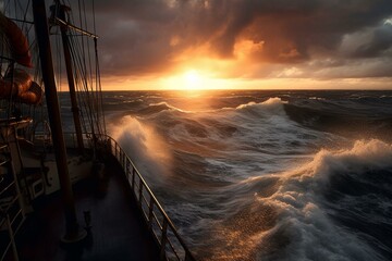 A ship battling rough seas at sunset. Generative AI - obrazy, fototapety, plakaty