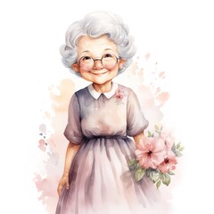 watercolor illustration of pretty elderly woman with bouquet of pink flowers - obrazy, fototapety, plakaty