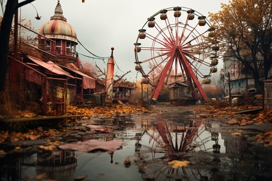 abandoned amusement park on an autumn rainy day