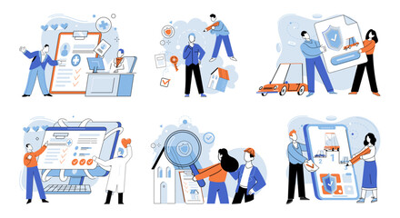 Insurance for car, property, travel, accident, life, medical. Healthcare, finance, and medical service industries work together for public wellbeing Assurance protection is pillar of modern financial