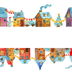 Watercolor drawn winter medieval houses on a row. European old town illustration. Design for tourists goods, wrapping paper, holyday decor. Background border in cartoon style. Decorative frame.