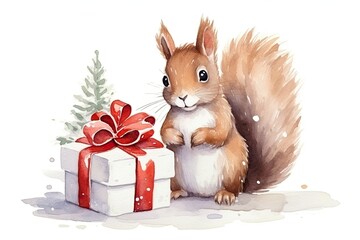 cute squirrel with christmas gift watercolor design