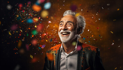 happy smiling portrait of a handsome mixed race senior man celebrating with confetti