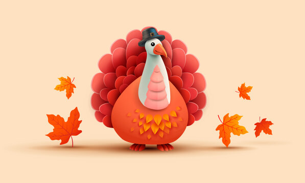 Thanksgiving day turkey background - 3d cute thanksgiving turkey cartoon in pilgrim hat and yellow orange autumn leaves - horizontal vector illustration for banner, poster, social media design