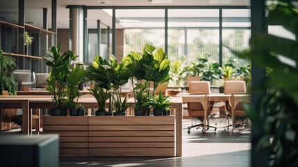 Fototapeta na wymiar Modern office space with wooden furniture and plants in pots. Innovative startup company with green, ecofriendly environment with lush vegetation in workplace. Productive and healthy work place.