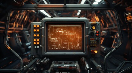 Sci-fi monitor frame and buttons in dieselpunk exoskeleton environment machine
