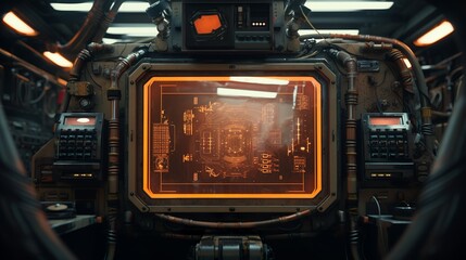 Sci-fi monitor frame and buttons in dieselpunk exoskeleton environment machine
