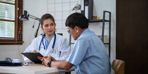 doctor discussion results or symptoms and gives a recommendation to a senior male patient, giving consultation during medical examination in clinic