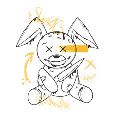 Graffiti rabbit with sprayed. Bunny with knife in urban style. Street art and text. Vector graphic design for t-shirt