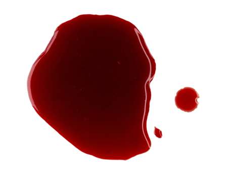 Real human blood isolated on white. Red bloody abstract stains and smear, clipping path, PNG
