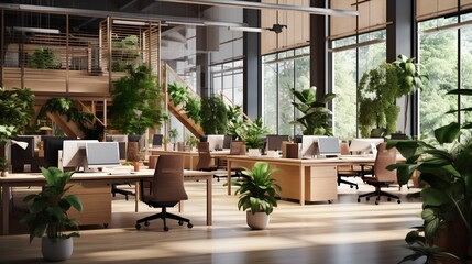 Modern office space with wooden furniture and plants in pots. Innovative startup company with green, ecofriendly environment with lush vegetation in workplace. Productive and healthy work place.