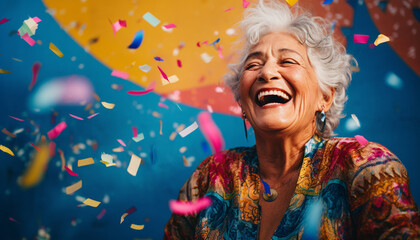 happy smiling portrait of an old woman with colorful confetti