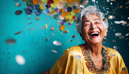 happy smiling portrait of an old woman with colorful confetti