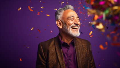 happy smiling portrait of a handsome mixed race senior man celebrating with confetti - obrazy, fototapety, plakaty