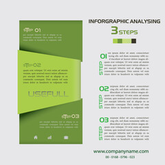 Illustration infographic template with motif of bar randomly divided to three green parts with space for own text, unique number and simple sign. Background is light.